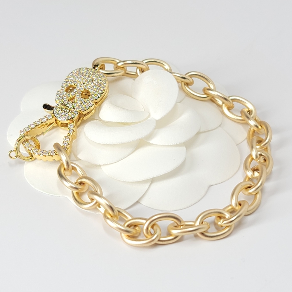 Bling Skull Pave CZ Gold Chain Bracelet NEW - Picture 2 of 10